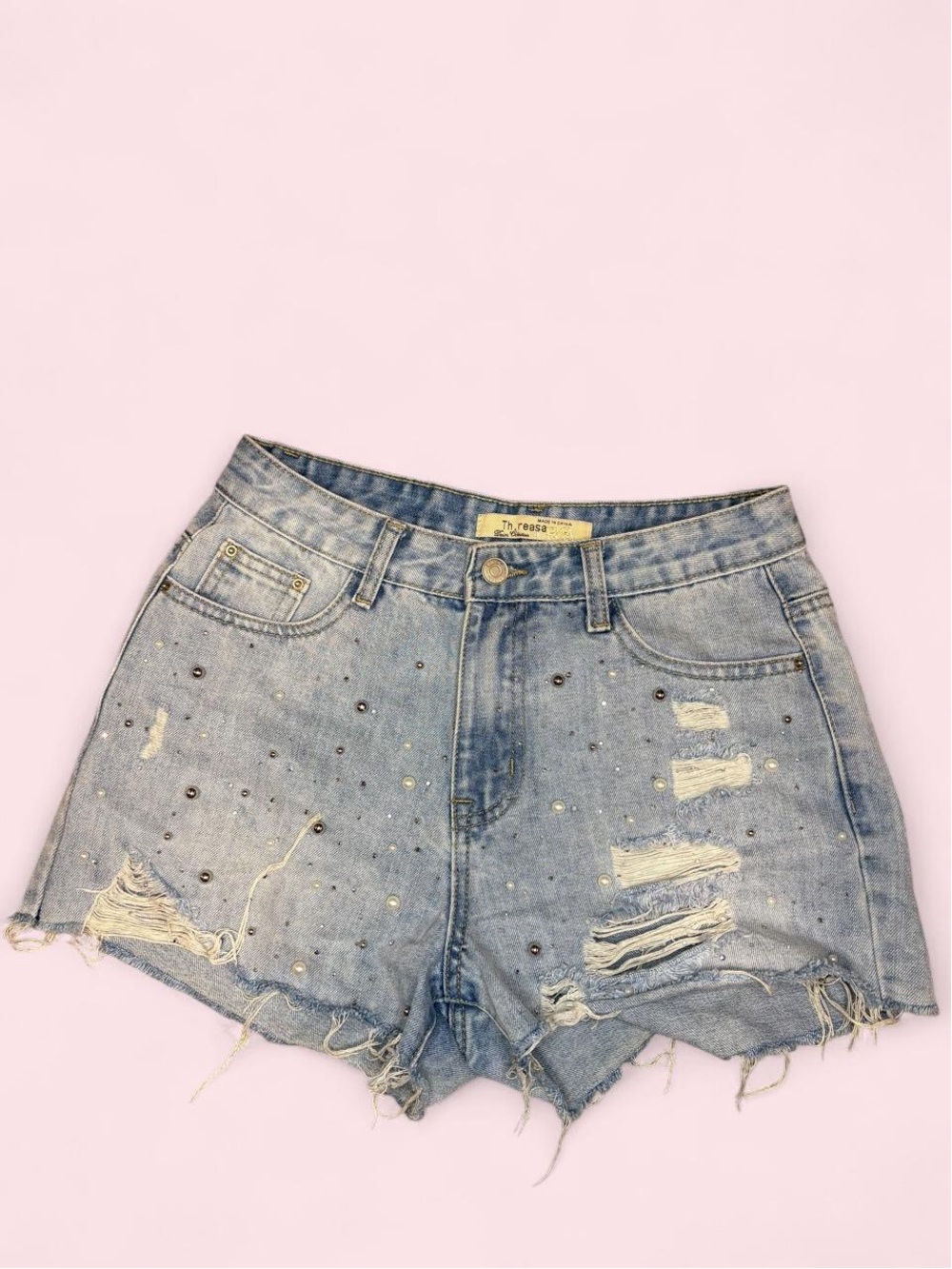 Distressed Light Blue Denim Shorts with Stud Details